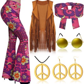 Haull 7 Pcs 60s 70s Disco Hippie Outfits for Women Halloween Costume Set Boho Flared Pants Fringe Vest Peace Sign(Exotic,X-Large)