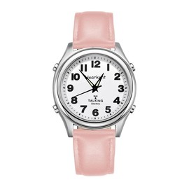 Ladies Talking Watch for Visually impaired with Large Numbers, American Voice, Nylon Strap, Self Setting, Gift for Blind or Elderly People - Colour: Pink Leather