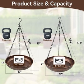 gronhof Hanging Bird Bath for Outdoors Set, Metal Copper Birdbaths Bowl with Rust-Proof Chains & S-Hooks for Garden Yard Decor (10", 12" & 13" Dia)