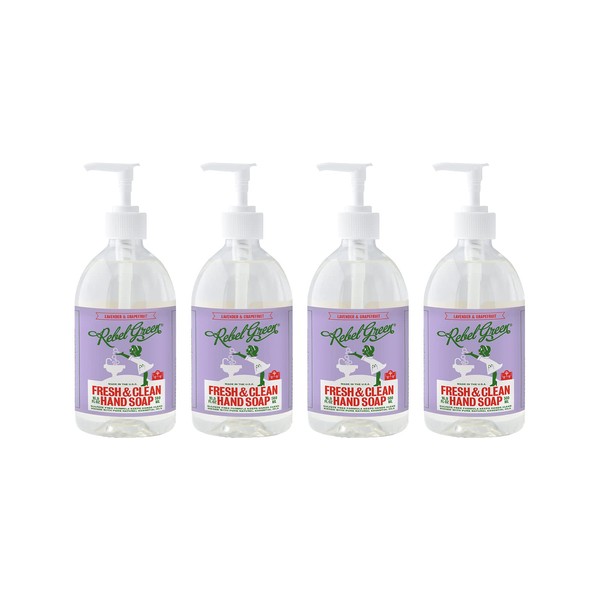 Rebel Green Liquid Hand Soap - Natural Hand Soap Pump Bottles - Bathroom & Kitchen Hand Soap - Hand Wash with Fresh Lavender & Grapefruit Scent - (16.9 oz Bottles, 4 Pack)