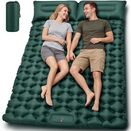 Double Camping Sleeping Pad, 4" Extra Thick 2 Person Inflatable Sleeping Pad with Built-in Foot Pump & Pillow, Self Inflating Camping Mattress for Tent, Backpacking, Hiking, Travel, RV（Dark Green）