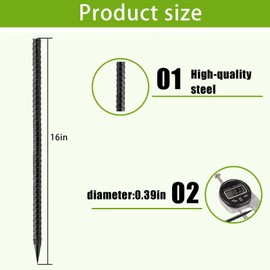 Straight-Rebar-Ground-Stakes 16Inch,Black Coated Straight Ground Anchors with Chisel Point End,Anti-Rust 50Pack Heavy Duty Steel Stakes for Landscape Timbers House Structure Plant Support in Garden