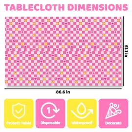 2Pcs Preppy Party Tablecloths Retro Smile Face Lightning Heart Star Table Cover Pink White Checkered Disposable Plastic Tableware for Y2K Groovy Birthday Baby Shower Party Table Decor Supplies