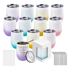 BetterSub Double Wall Gradient Color Wine Tumblers 12oz, Stainless Steel Sublimation Blanks, with Lid, Straw, & Display Box - 12 Pack