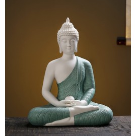 Qinlang 12 inch Green Buddha Statue for Home Decor, Ceramic Meditation Buddha Decoration for Home