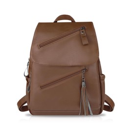 FuninCrea Womens Backpack Leather Casual Daypacks Medium with 5 Zippered Pockets, Women's Fashion Backpacks Flap Design Ladies Backpacks Waterproof Travel Backpack for Work College (Style 1, Brown)