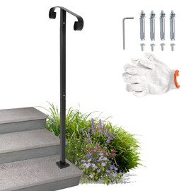 Single Post Handrail Handrail Railing Stair Handrail Sturdy Outdoor Handrails with Base Stair Handrail Fits for 1 or 2 Steps Grab Rail Single Post Railing (Black)