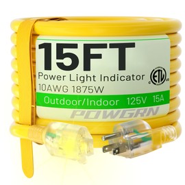 POWGRN 15 Ft 10/3 Outdoor Extension Cord Waterproof Heavy Duty 10 Gauge 3 Prong, Flexible Cold-Resistant Power Cord Indoor & Outside with Lighted Indicator End, 15Amp 1875W SJTW Yellow ETL Listed