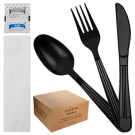 Faithful Supply 50 Black Plastic Silverware Sets, Plastic Ware Utensils Set Heavy Duty w Salt and Pepper Packets, Plasticware, Plastic Cutlery Set Disposable, Wrapped Plastic Cutlery Set with Napkin