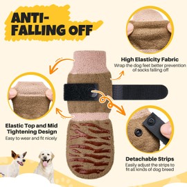 SlowTon Dog Socks with Double-Sided Grippers - 4PCS Dogs Grip Socks for Hot & Cold Pavement or Hard Floors, Non-Slip Paw Traction Protectors for Senior Small Medium Large Dogs(Brown, M)