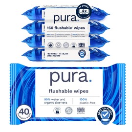 Pura XL Flushable Adult Wipes Unscented Extra Large Wet Wipes with Aloe Vera & 99% Water, Sensitive Skin, 4 Pack of 40 (160 Wipes), Personal Hygiene Toilet