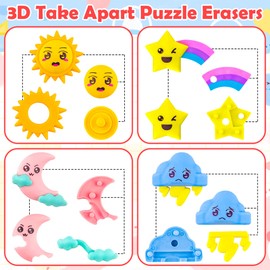 24 pcs Weather Erasers for Kids Desk Pets,3D Take Apart Pencil Erasers Puzzle Erasers Classroom Prizes for Kids Class Treasure Box,Game Rewards,Party Favors