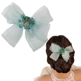 Kenjudess Mesh Tulle Pearl Flower Bow Hair Clips with Beaded Crystal Chiffon Bow Hair Barrettes Hair Pins Feather Bridal Wedding Hair Accessories for Women (Green+Bow+Crystal)