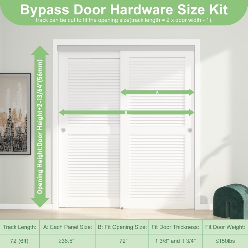 BarnBase 6FT/72(Double 3FT) Bypass Door Hardware, Aluminum Double-Closing Sliding Closet