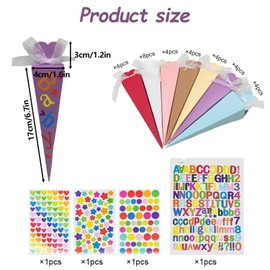 Pack of 32 Foldable Sugar Bags, DIY Foldable School Cone, Sugar Cone for Filling, Small Sugar Bag, with Stickers and Ribbons, Suitable for Schools and Gatherings, Gifts for Boys and Girls
