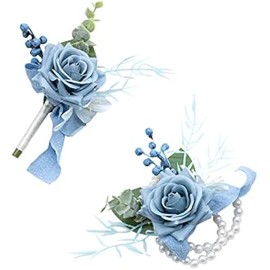 Ansofi Dusty Blue Corsage and Boutonniere Set, Prom Artificial Flower Wrist Corsage Bracelets for Homecoming, Boutonniere for Men Wedding Flowers Accessories Prom Suit Decorations