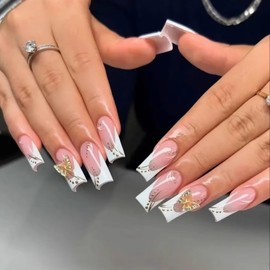 24 PCS Long Press on Nails with 3D Bow Designs, White French Tips Fake Nails, Glossy Finish Glue on Nails, Extra Long Coffin Shaped Artificial Nails, Spring Stick on Nails for Women