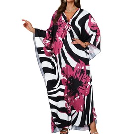 JILUVIN Kaftan Dresses for Women V Neck Caftans Long Batwing Sleeve Beach Cover Ups Summer Floral Print Dress (Rosy Red Flower,One Size)