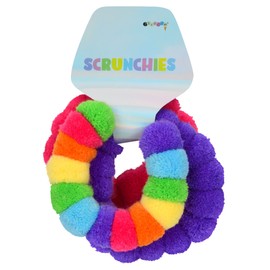 iscream Velour Pom Pom Set of 3 Scrunchies - Pink, Violet and Bold Rainbow