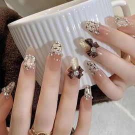 Long Almond Press on Nails Nude Fake Nails with 3D Bow Rhinestone Designs French Tip False Nails Full Cover Glossy Press ons Style Reusable Stick on Nail for Women Nail Decoration Accessories