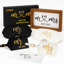 CHOIEO Embroidered Mr Mrs Est 2025 Luggage Tags, Embroidered Sleep Masks, Honeymoon Fund Envelope, Framed Sign, Mr & Mrs Wedding Gift Set (Est 2025)