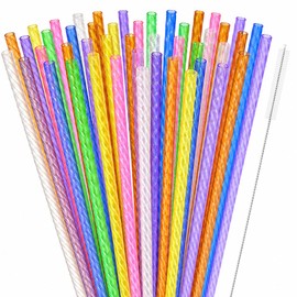 50PCS Reusable Straws with Cleaner Brush, 9.06" Long Colorful Clear Hard Plastic Swirl Drinking Straws for 12 oz 16 oz Mason Jar, Tumblers, Milk, Juice, Iced Coffee, Smoothies, Cocktail