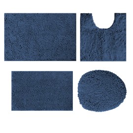 DTXDTech Chenille Bathroom Rug Set 4 Piece with PVC Non-Slip Backing,Soft Bath Rug Set with Toilet Lid Cover,Water Absorb Bath Mats for Bathroom,Machine Washable,Navy Blue