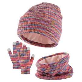 SSKHE 3 PCS Kids Winter Hat Scarf Gloves Set Warm Thermal Knitted Beanie Cap Snood Neck Warmer Touchscreen Mitten Soft Fleece Lining Elastic for Children Aged 5-12 Outdoor Sports (Multicoloured)