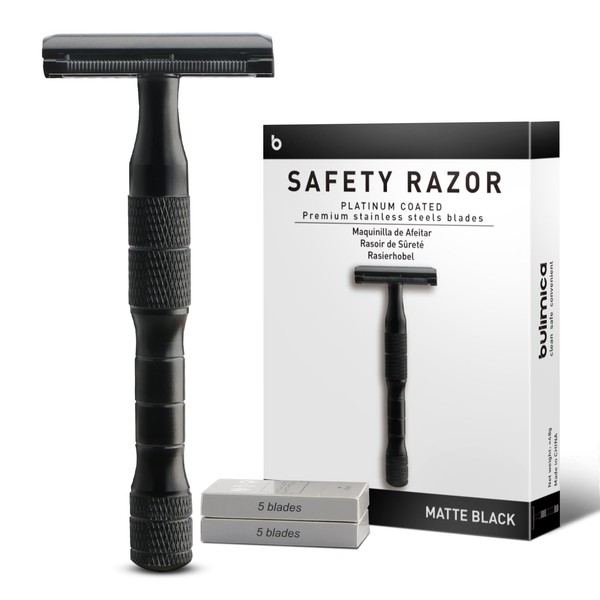 Safety Razor for Men, Single Blade Razors for Men ​Shaving, with 10 Platinum Coated Double Edge Safety Razor Blade Refills, Beginner Friendly Metal Razor, Matte Black