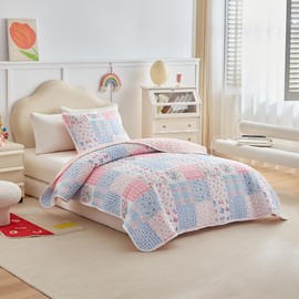 Joyreap Queen Size Quilt Set for Girls, Pink n Blue Floral Patchwork Design, 3 Pieces Soft n Cozy Microfiber Quilt, Bedspread Bed Cover for All Season- 90x90 inches