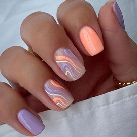 Press on Nails Medium Square Fake Nails Swirls Glue on Nails Purple & Orange Full Cover Acrylic Nails Simple Artificial Ripple Stick on Nails for Women 24 Pcs