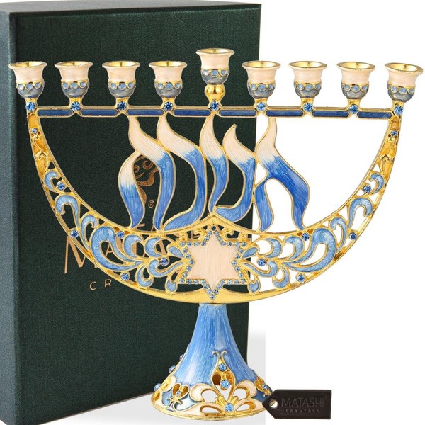 Matashi MTMNR3265 Hand Painted Enamel Menorah Candelabra with Star of David and Hanukkah Design, Hannukah