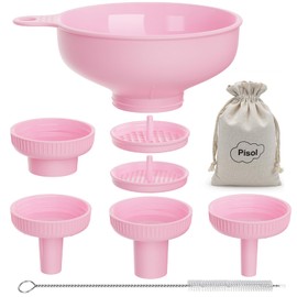 Pisol Wide Mouth Versatile Funnel, Canning Funnels for Kitchen Use, Food Grade Plastic Cooking Funnel Set with 4 Size Spouts and 2 Strainers for Filling Different Bottles and Bags, Pink