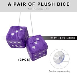 NYTKL Pair Fuzzy Plush Dice for Car Mirror, 3" Retro Square Rearview Mirror Ornament with Heart Shape Pattern, Vintage Hanging Dice Soft Couple Pendant Interior Decor for Women (Purple)