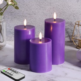 Girimax Purple Flameless Pillar Candles with Remote, Flickering Battery LED Wax Candles Decor Set of 3