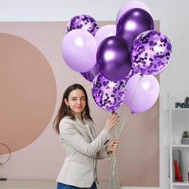 Purple and Confetti Balloons 66 Pcs 12inches Lavender Lilac Latex Balloons and 2 Roll of Purple Ribbon for Birthday Wedding Children's Parties Decorations