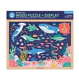 Mudpuppy’s Ocean Life 100 Piece Wood Puzzle, Includes Colorful Illustrations of Your Favorite Ocean Animals, Ages 5+, Display Stand Included, Turn Your Puzzle into Home Décor!