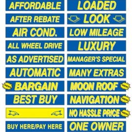 EZ Lettering Yellow and Blue Car Dealer Windshield Stickers Slogans 20 packs 15" You Pick