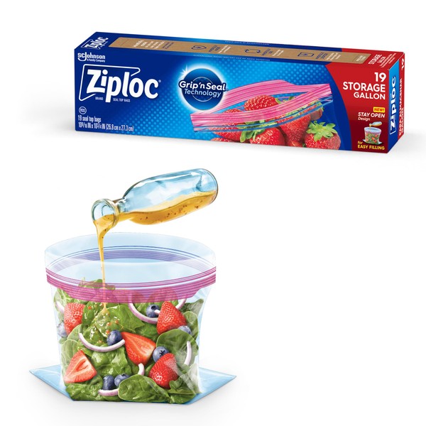 Ziploc Gallon Food Storage Bags, New Stay Open Design with Stand-Up Bottom, Easy to Fill, 19 Count