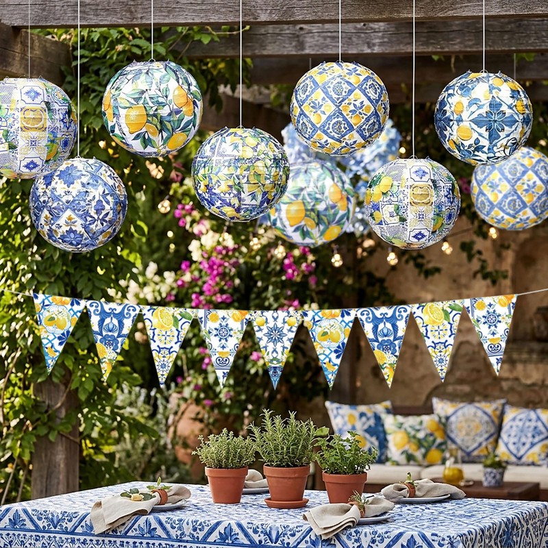 Capri Lemon Paper Lanterns Mediterranean Yellow Blue Tiles Hanging Decor
