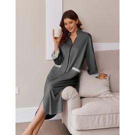Ekouaer Women Zipper Robe Long Sleeve House Coats Velour Robes Soft Bathrobe with Pockets Nightgown S-3XL