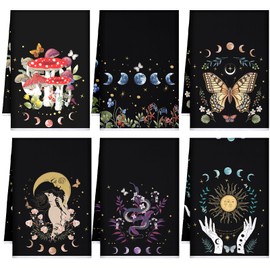 Preboun 6 Pcs Witchy Kitchen Towels Boho Gothic Dish Towels Mushroom 24 x 16'' Sun Moon Star Butterfly Decor for Kitchen Farmhouse Bathroom Retro Decorative Gifts(Elegant Color,Moon Sun and Star)