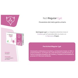 NutriRegular Cyst, 20 Natural Capsules - for the Wellbeing of the Genito Urinary Tract - With Cranberry, D-mannose and Propolis - Made in Italy - Nutrileya