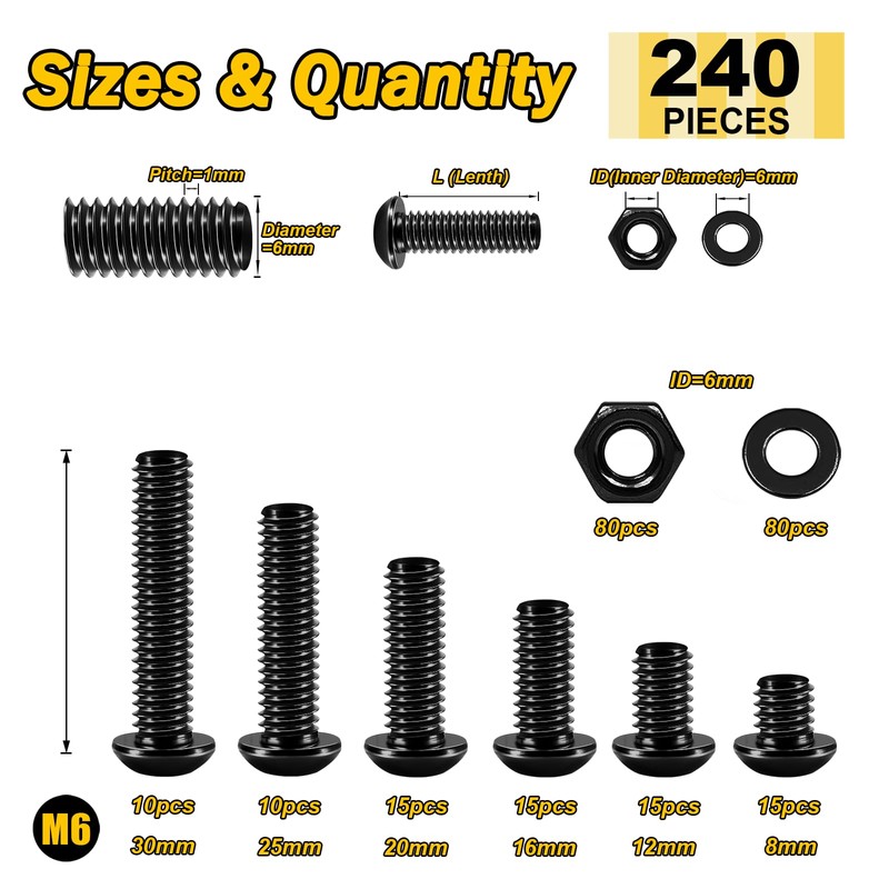 Mywish 240 Pieces M6 Screw Nuts and Bolts Assortment Kit,