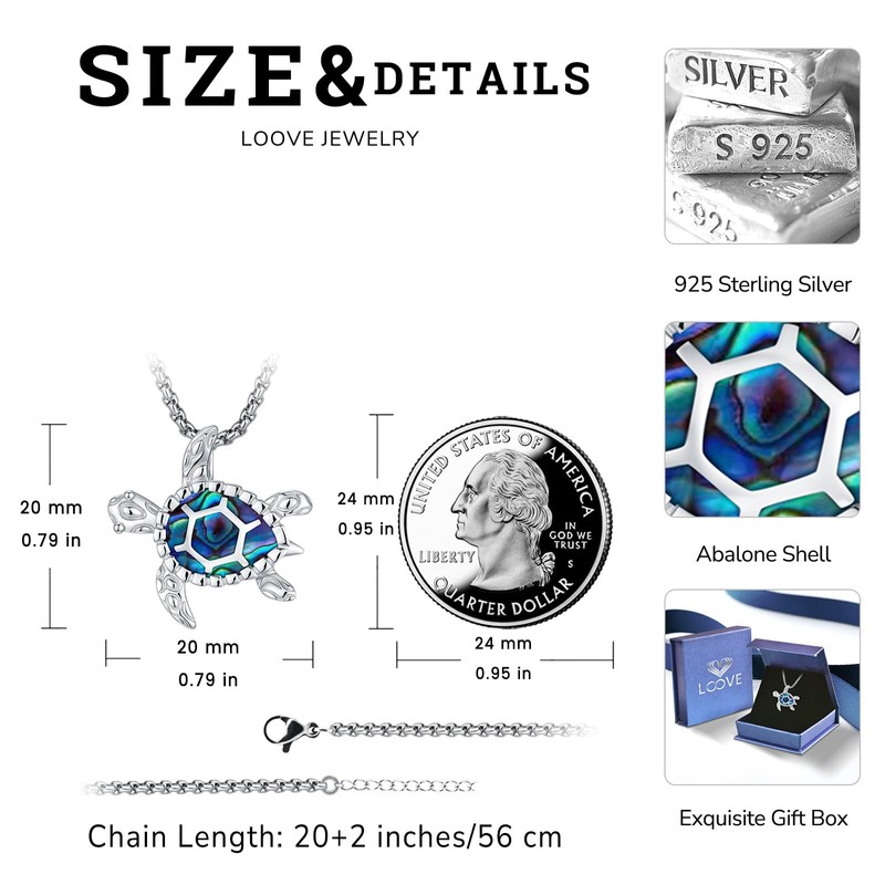 LOOVE Sterling Silver Turtle Necklace for Women Abalone Shell Ocean