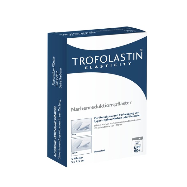 TROFOLASTIN Scar Reduction Plasters - 1 x 5 Plasters 5 x 7.5 cm - Scar Plasters for Treatment of Surgical Scars and More - Waterproof, SPF 50+