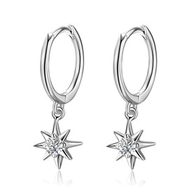 Tiny Cubic Zirconia Dangle Huggie Hoop Earrings Sterling Silver Hoop Earrings with Starburst Charms Cartilage Helix Hoop Hinged Sleeper Earrings