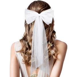 Bridal Hair Bow Veil Bachelorette Party Pearl Hair Clip Wedding Bride Accessories (White, One size)