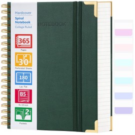 Spiral Notebook, 365 Page Hardcover Leather Notebook Journal, Large B5 Lined Journal for Women Men, College Ruled Notebooks for Work School, Journals for Writing, 24pcs Index Tabs, 8" x 10", Green