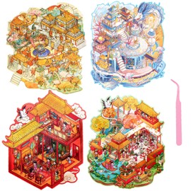 4 Sets DIY 3D House Scene Stickers Make Your Own Miniature Vintage Architecture Oriental Mythology Sticker Scenes for Adults Relief Stress Pass The Time